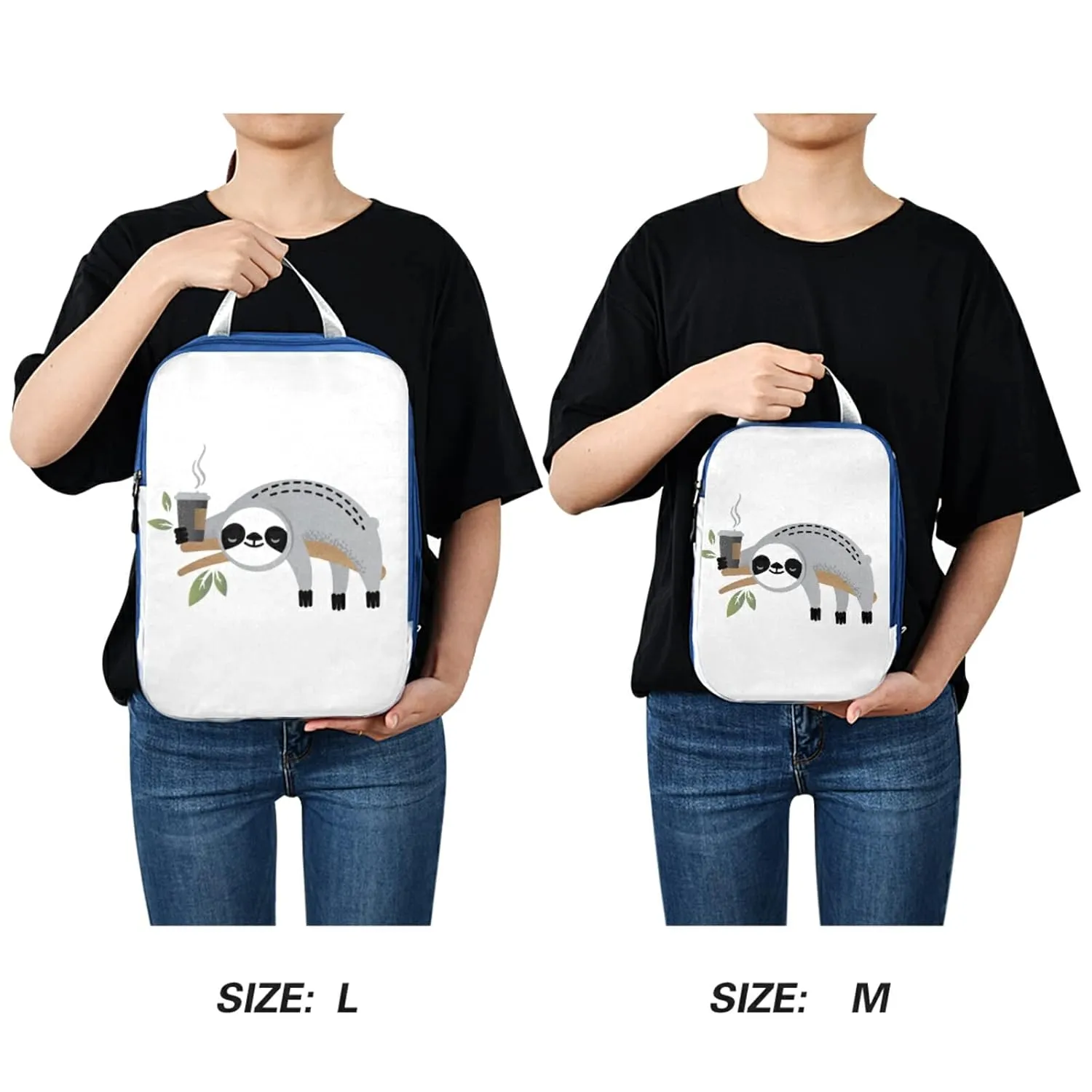 Cute Grey Sloths on Tree Branches with Green Leaves on White 3 Piece set Cubes Expandable Adjustable Luggage Packing Bags, Ultralight Organizer Accessories Travel Suitcase Compressible Bags