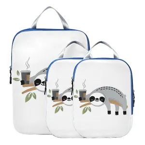 Cute Grey Sloths on Tree Branches with Green Leaves on White 3 Piece set Cubes Expandable Adjustable Luggage Packing Bags, Ultralight Organizer Accessories Travel Suitcase Compressible Bags