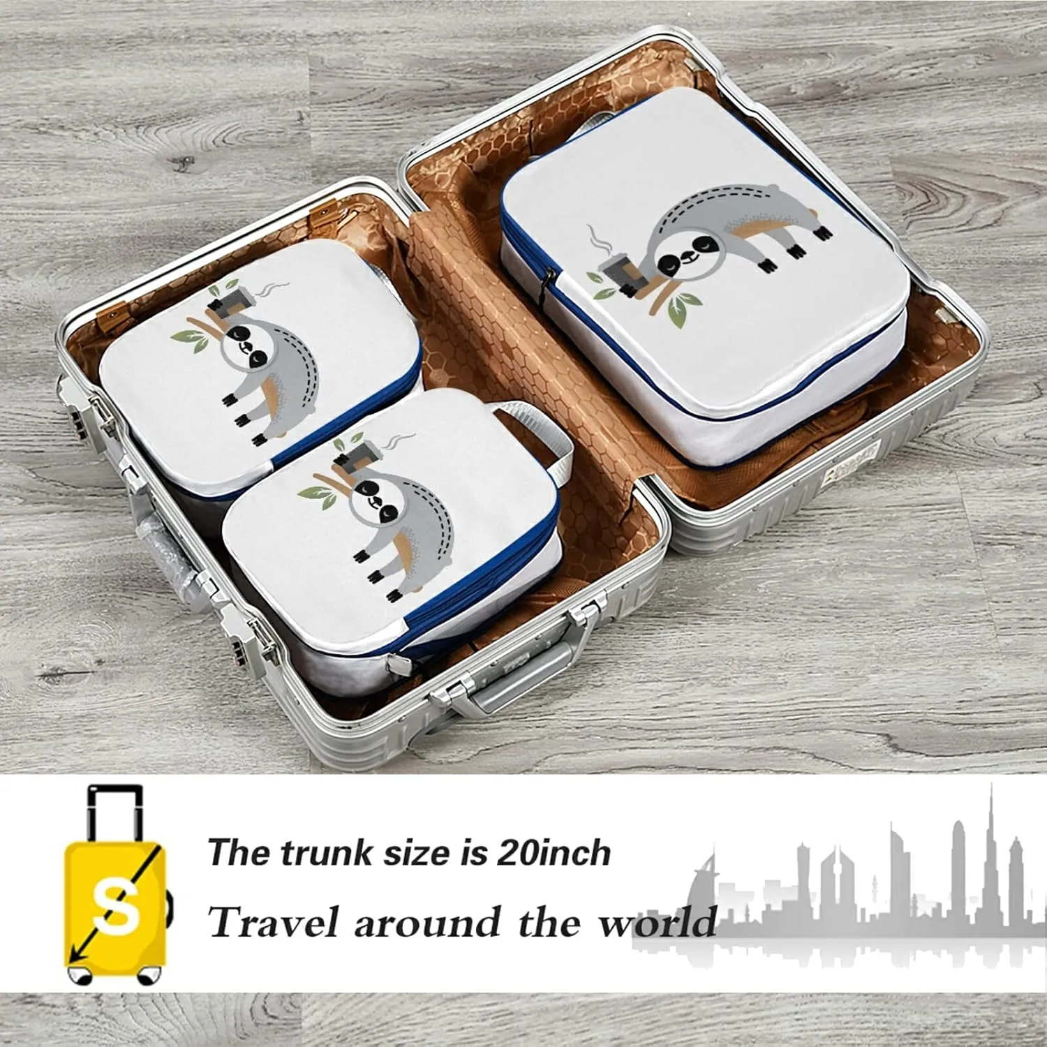 Cute Grey Sloths on Tree Branches with Green Leaves on White 3 Piece set Cubes Expandable Adjustable Luggage Packing Bags, Ultralight Organizer Accessories Travel Suitcase Compressible Bags