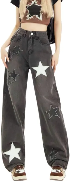 Cute Jeans for Women Teen Girls Star Y2k Pants Low Rise Loose Jeans Y2k Aesthetic Summer Clothing Grunge Black1-M