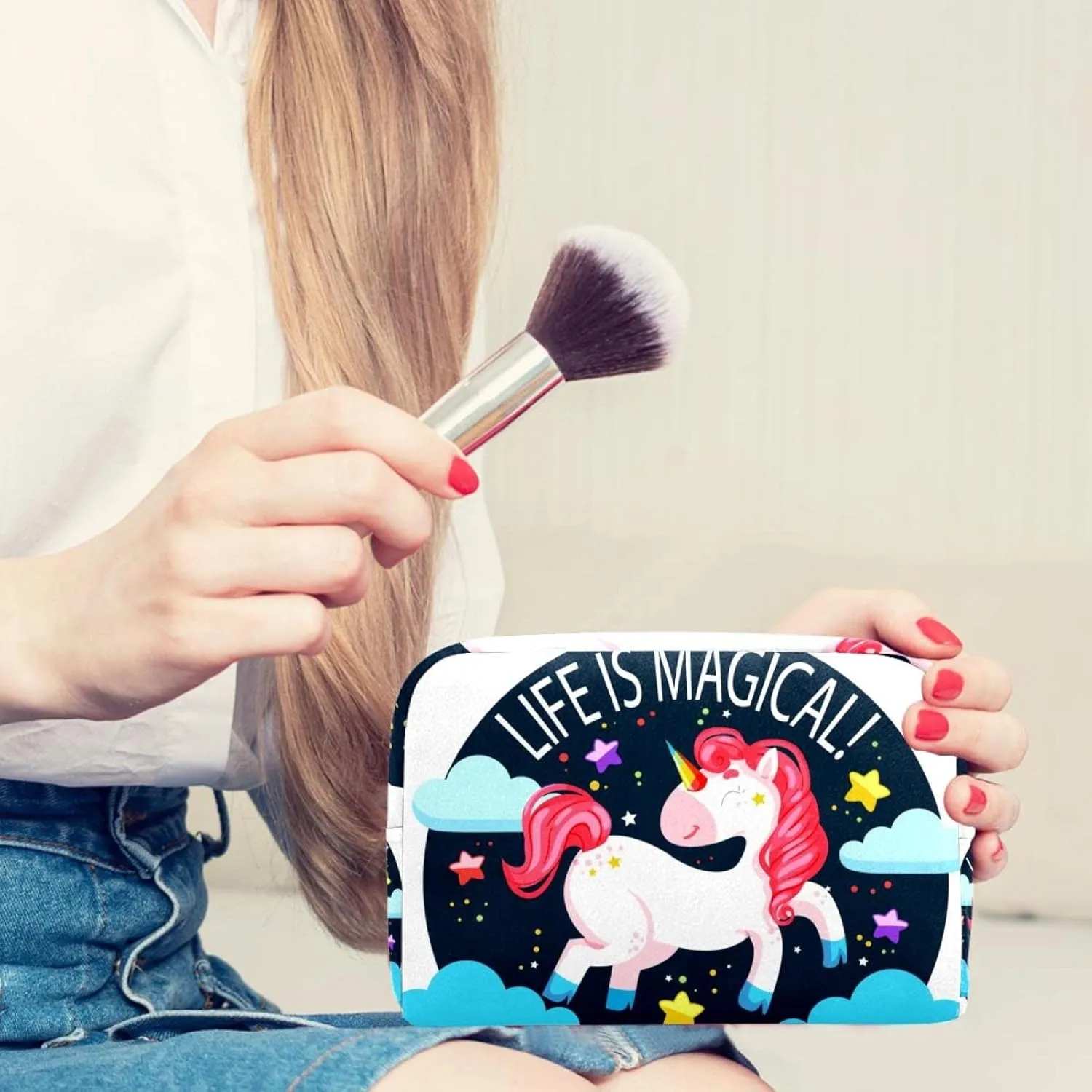 Cute Unicorn Inspirational Lettering Small Makeup Bags for Women Teen Girls, Makeup Storage Bag with Zipper Accessories Organizer Bag for Travelling