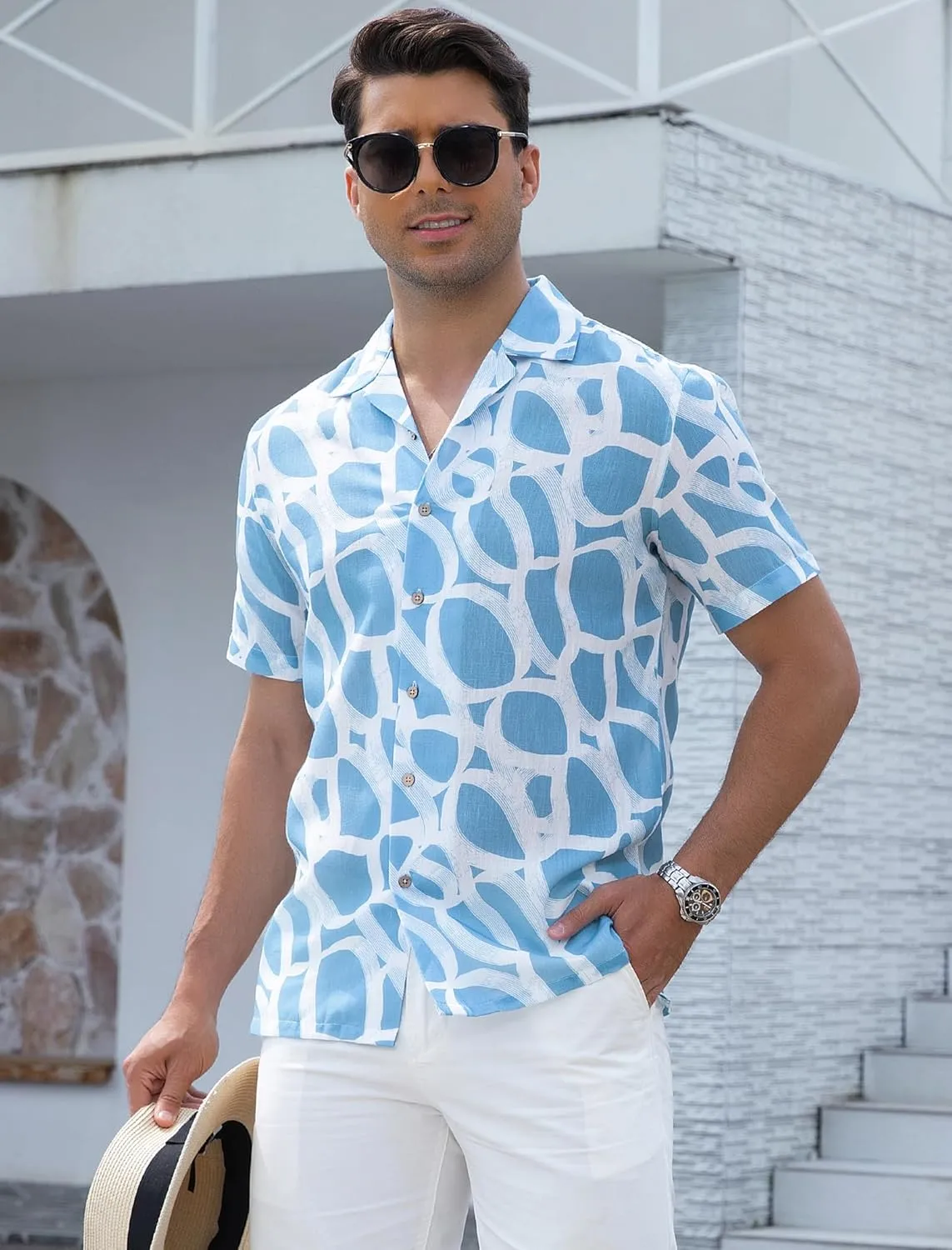 Damipow Linen Shirts for Men Casual Button Down Beach Vacation Shirt Short Sleeve Button Up Shirts with Pocket
