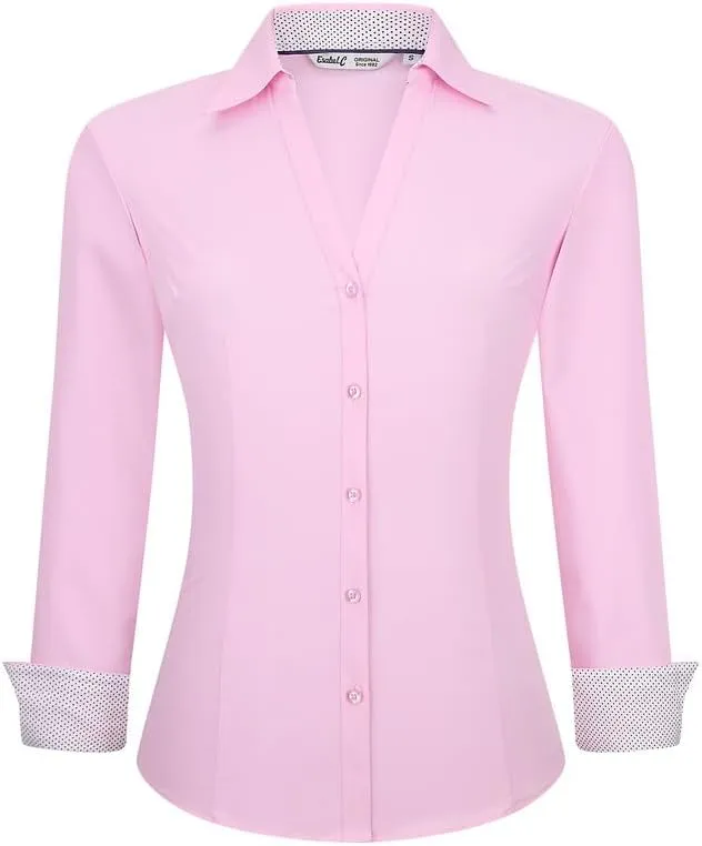 Damipow Womens Dress Shirts Wrinkle Free Button Down Shirt Long Sleeve Blouses for Work Professional