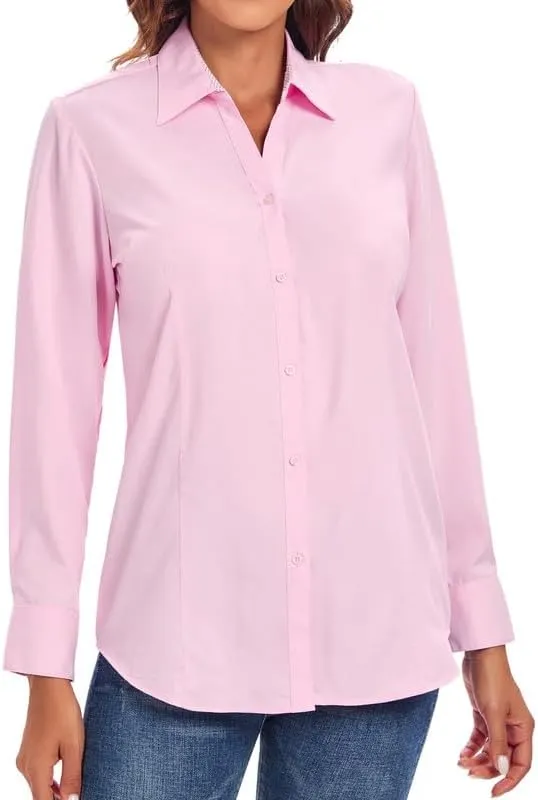 Damipow Womens Dress Shirts Wrinkle Free Button Down Shirt Long Sleeve Blouses for Work Professional