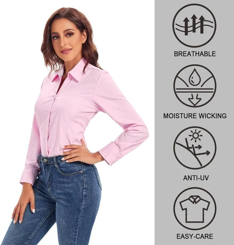 Damipow Womens Dress Shirts Wrinkle Free Button Down Shirt Long Sleeve Blouses for Work Professional