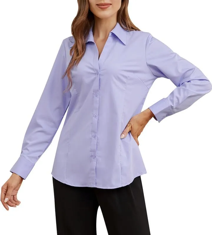 Damipow Womens Dress Shirts Wrinkle Free Button Down Shirt Long Sleeve Blouses for Work Professional