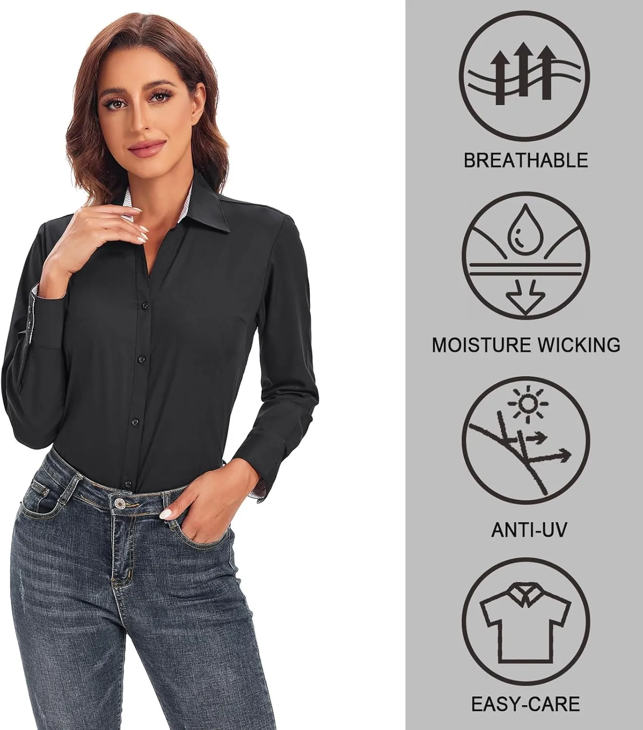 Damipow Womens Dress Shirts Wrinkle Free Button Down Shirt Long Sleeve Blouses for Work Professional
