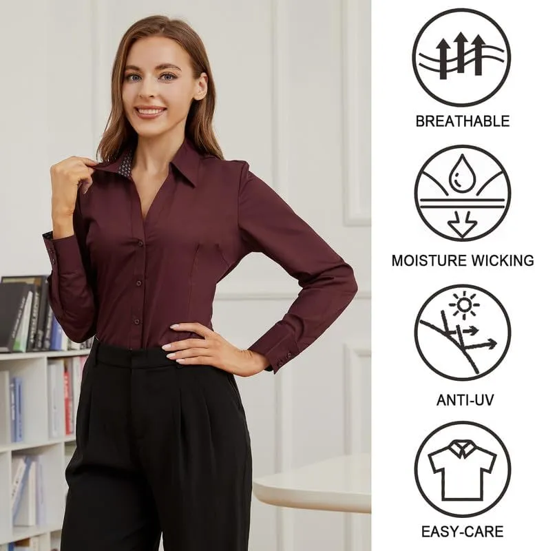 Damipow Womens Dress Shirts Wrinkle Free Button Down Shirt Long Sleeve Blouses for Work Professional