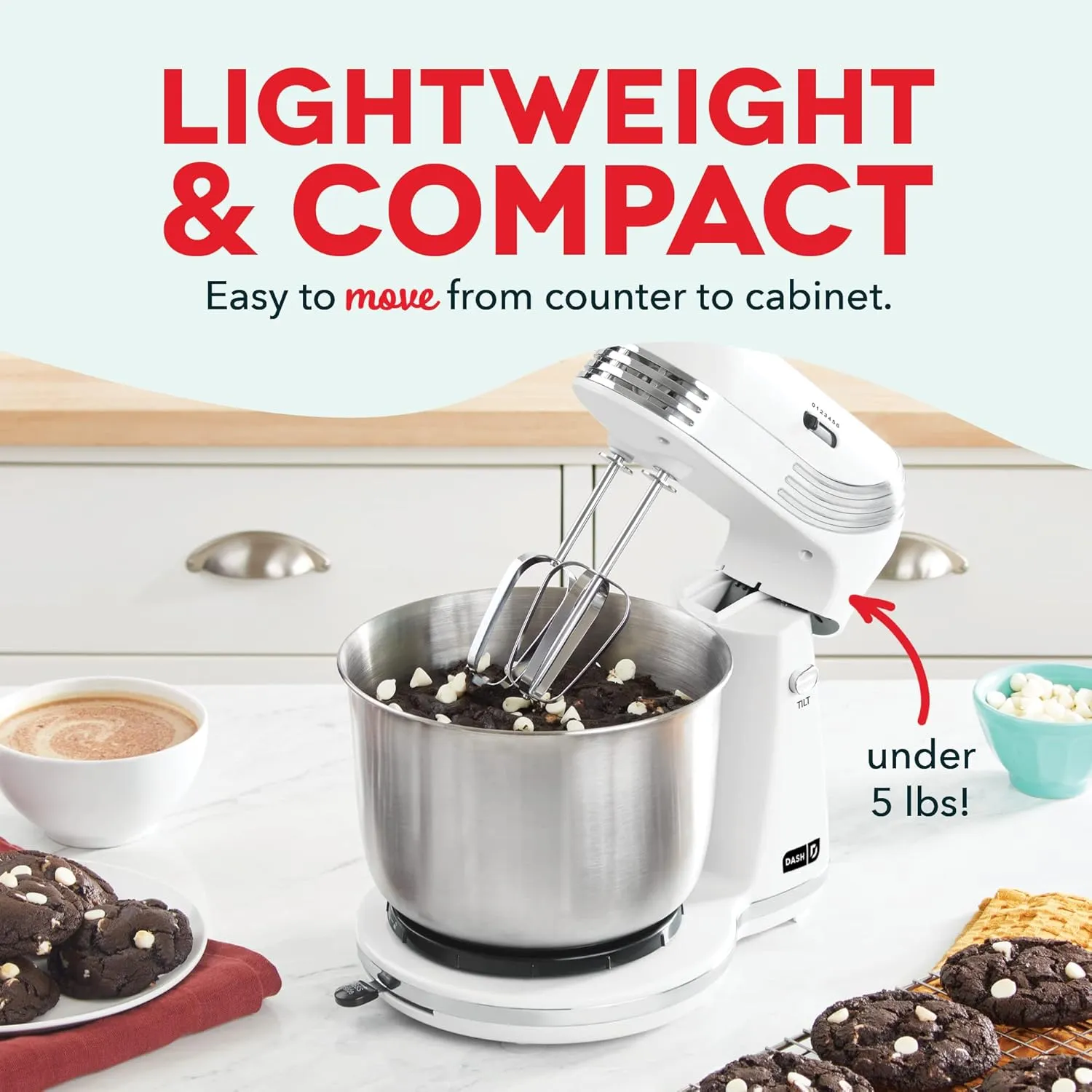 Dash Stand Mixer (Electric Mixer for Everyday Use): 6 Speed Stand Mixer with 3 qt Stainless Steel Mixing Bowl, Dough Hooks & Mixer Beaters for Frosting, Meringues & More - White