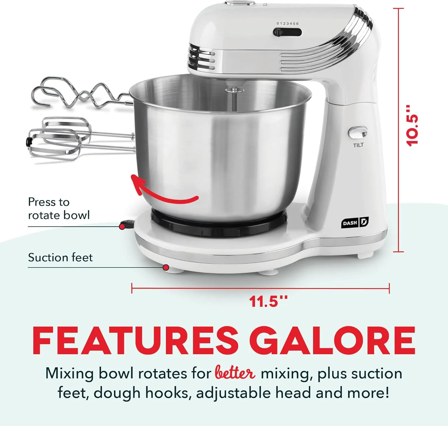 Dash Stand Mixer (Electric Mixer for Everyday Use): 6 Speed Stand Mixer with 3 qt Stainless Steel Mixing Bowl, Dough Hooks & Mixer Beaters for Frosting, Meringues & More - White