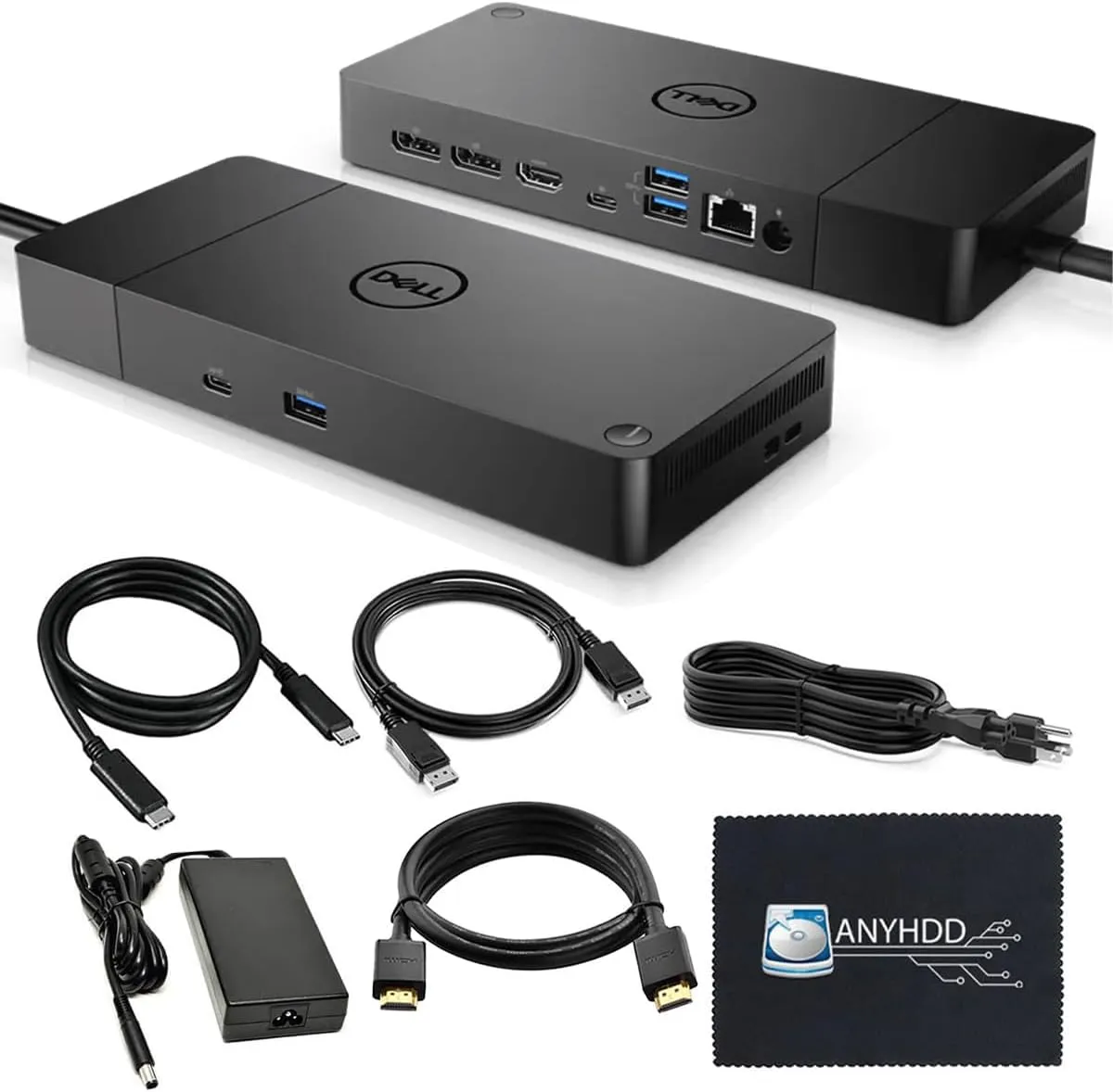 Dell WD19S Docking Station Dual Monitor Bundle - Dell Dock with 180W Power Supply   HDMI Cable   DisplayPort Cable   USB-C Cable   Microfiber Cloth