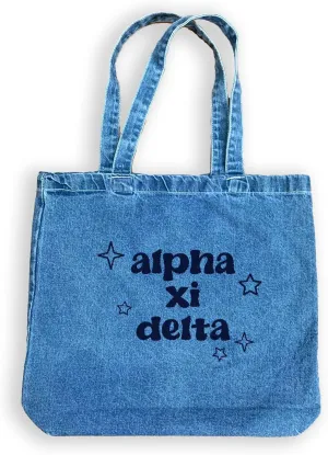 Denim Tote Bag - Retro Vibe Sorority Tote with Name and Stars Design