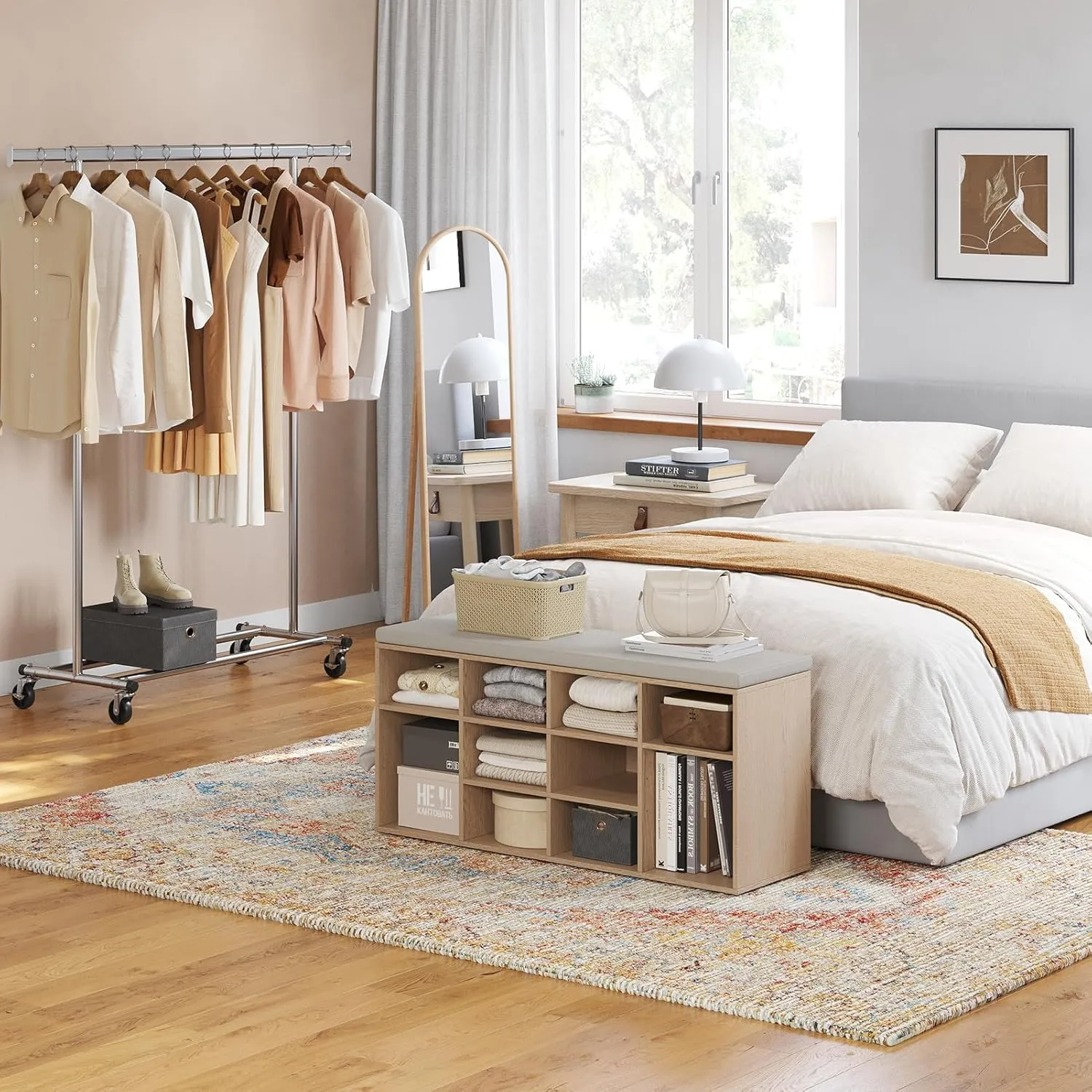 DINZI LVJ Shoe Storage Bench with Cushion, 12-Cubby Shoe Rack, Adjustable Shelves, 40.9" Long Shoe Organizer Bench for Entryway, Mudroom, Hallway, Garage, Natural and Cappuccino Beige