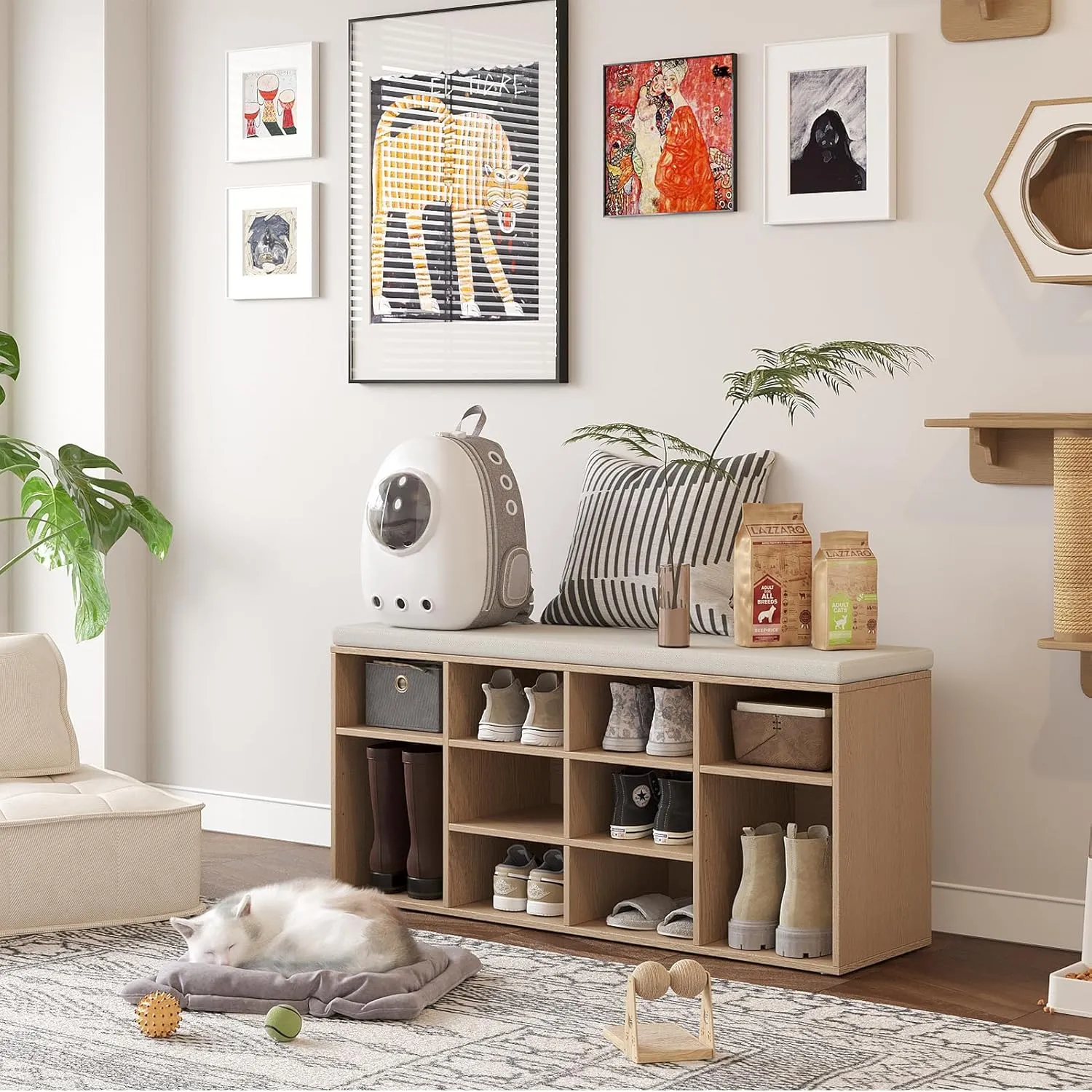 DINZI LVJ Shoe Storage Bench with Cushion, 12-Cubby Shoe Rack, Adjustable Shelves, 40.9" Long Shoe Organizer Bench for Entryway, Mudroom, Hallway, Garage, Natural and Cappuccino Beige