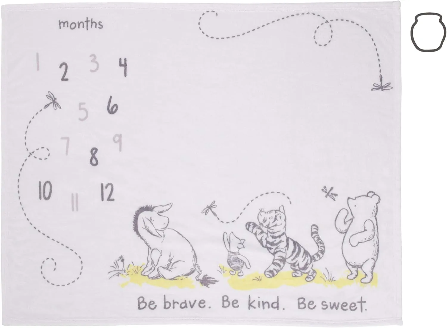Disney Classic Winnie The Pooh, White, Grey & Lime Super Soft Milestone Baby Blanket, White, Grey, Lime, Charcoal