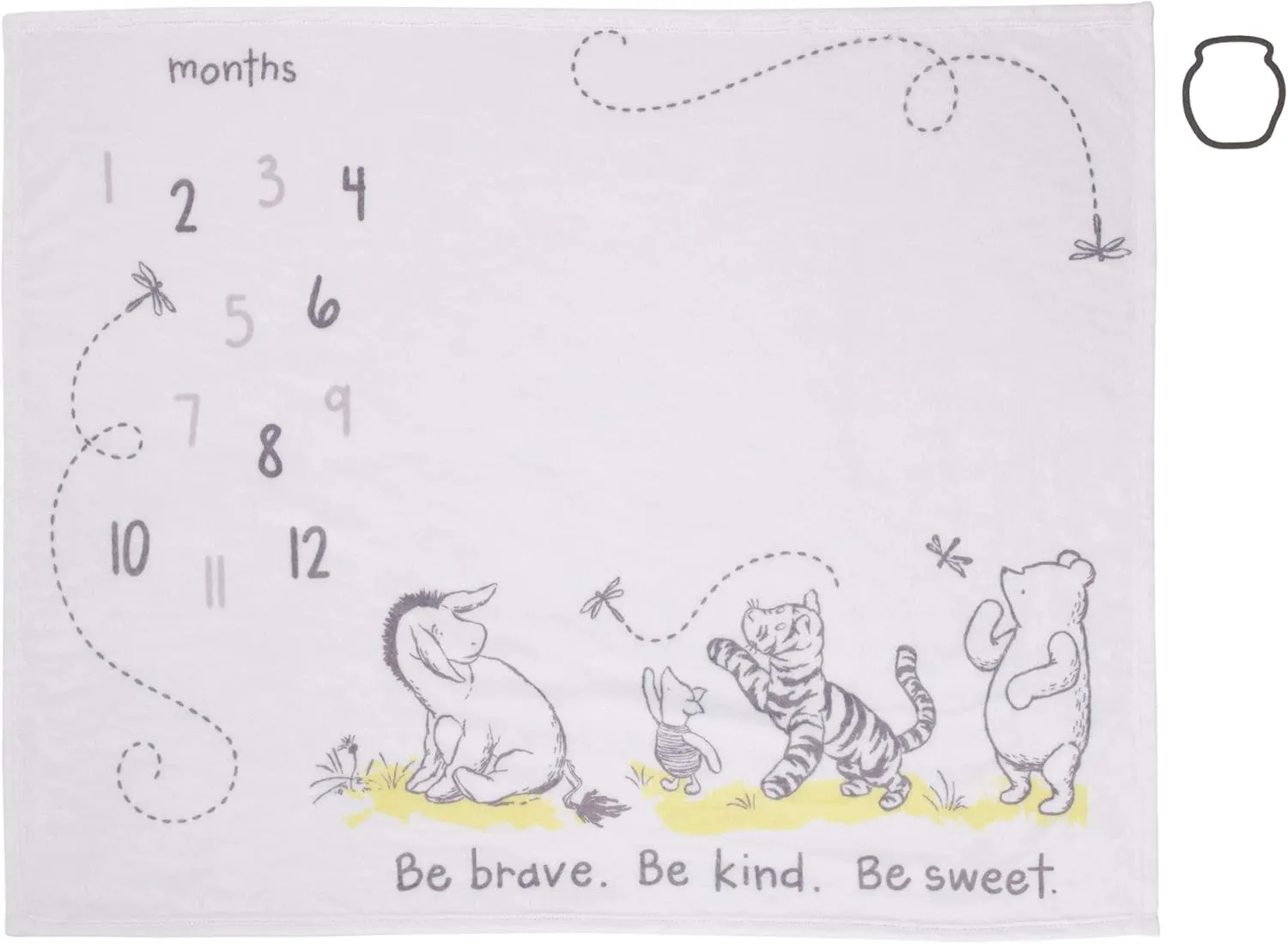 Disney Classic Winnie The Pooh, White, Grey & Lime Super Soft Milestone Baby Blanket, White, Grey, Lime, Charcoal