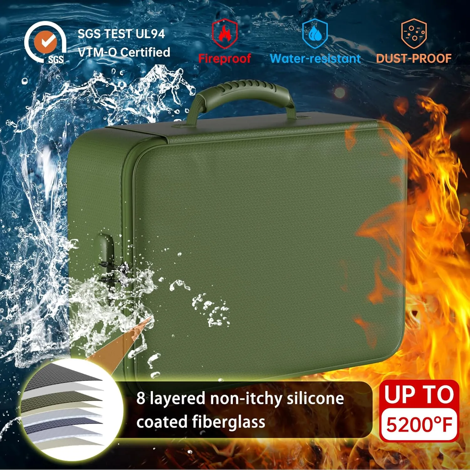 DocSafe 5200°F Document Organizer with Lock,Upgraded Heat Insulated Fireproof＆Waterproof Box 8 Layers File Organizer,Portable Home Travel Safe Storage for Important Documents, Files,Green (Soft)