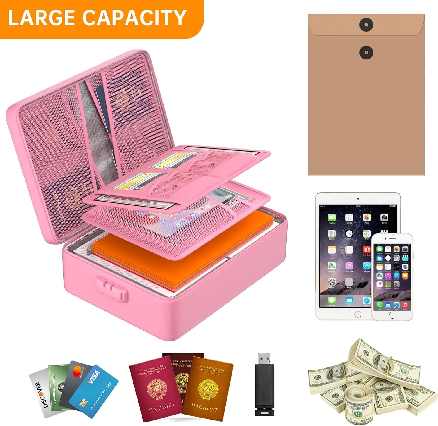 DocSafe 5200°F Document Organizer with Lock,Upgraded Heat Insulated Fireproof＆Waterproof Box 8 Layers File Organizer,Portable Home Travel Safe Storage for Important Documents, Files,Pink (Soft)