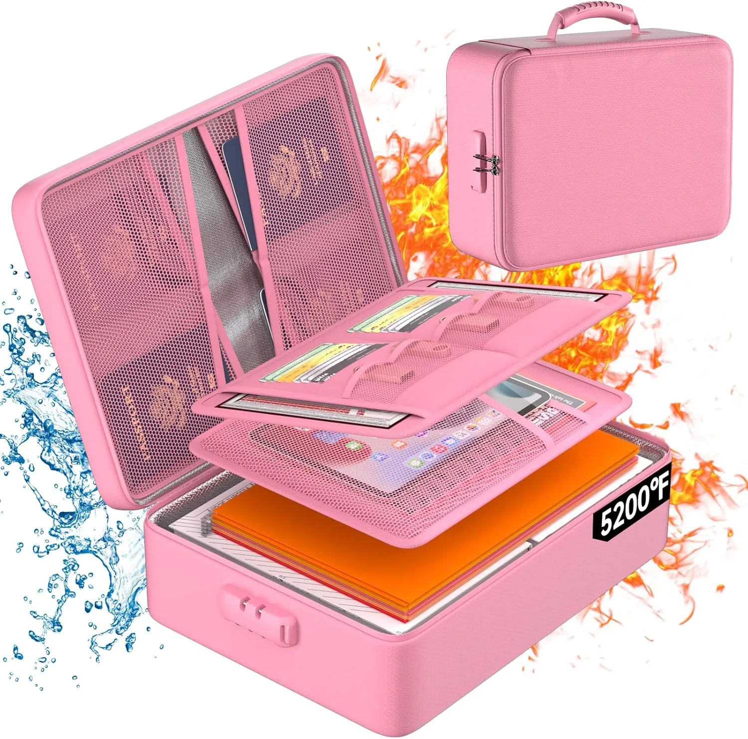 DocSafe 5200°F Document Organizer with Lock,Upgraded Heat Insulated Fireproof＆Waterproof Box 8 Layers File Organizer,Portable Home Travel Safe Storage for Important Documents, Files,Pink (Soft)