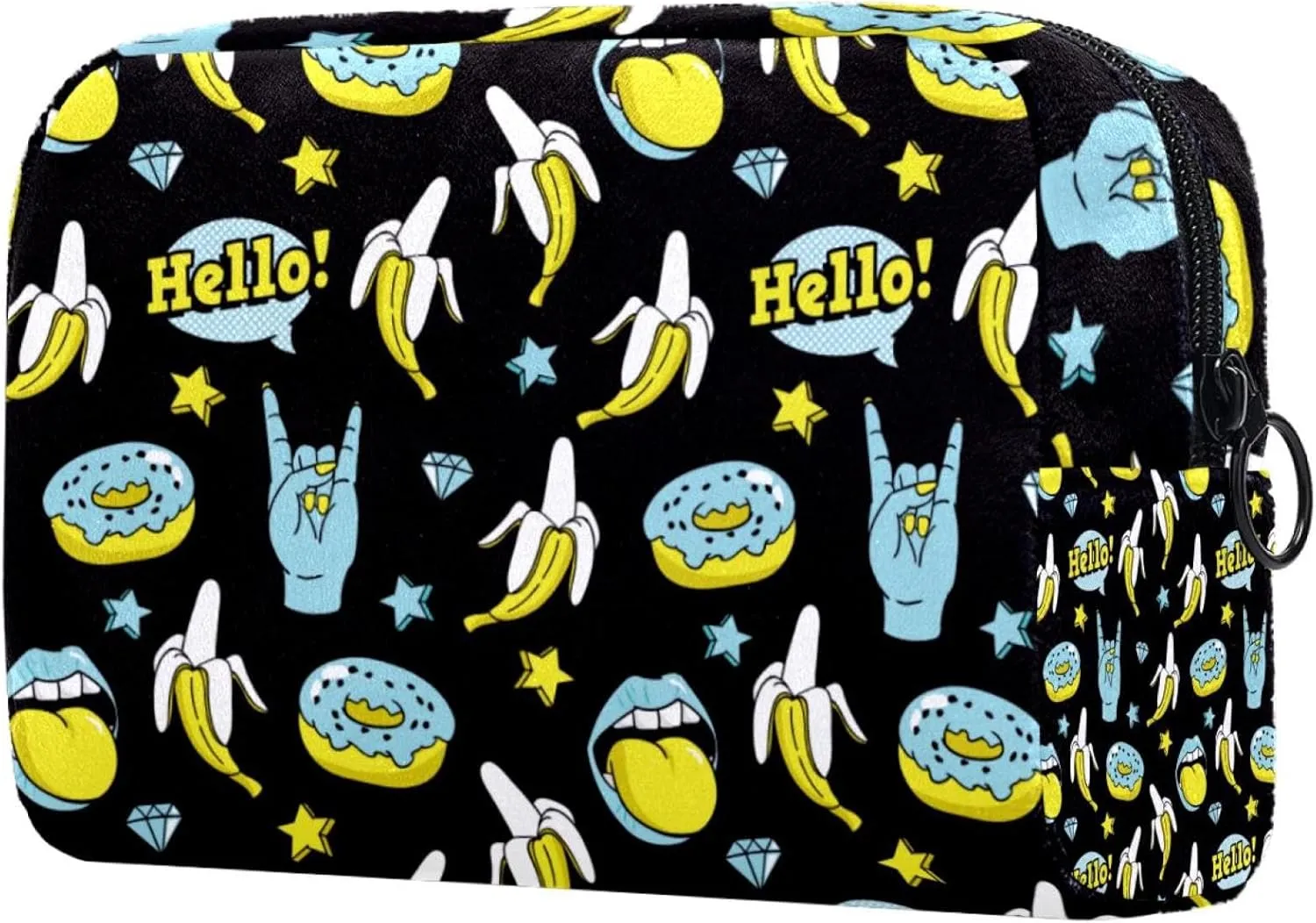 Doodle Funny Donuts Banana Rock Stars Pattern Cosmetic Makeup Bags, Small Travel Zipper Pouch Portable Toiletry Bag Makeup Organizer for Women Teen Girls