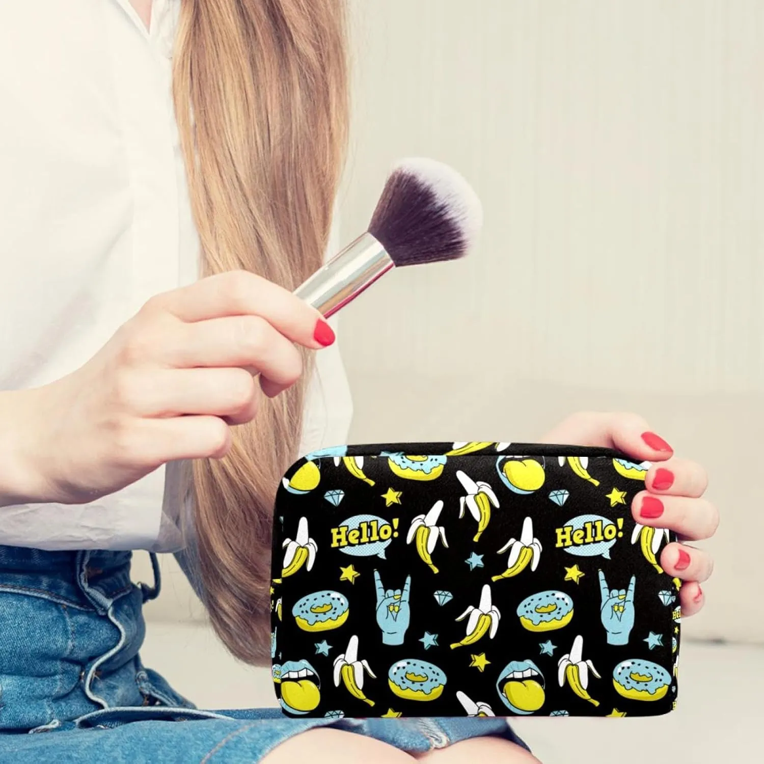 Doodle Funny Donuts Banana Rock Stars Pattern Cosmetic Makeup Bags, Small Travel Zipper Pouch Portable Toiletry Bag Makeup Organizer for Women Teen Girls