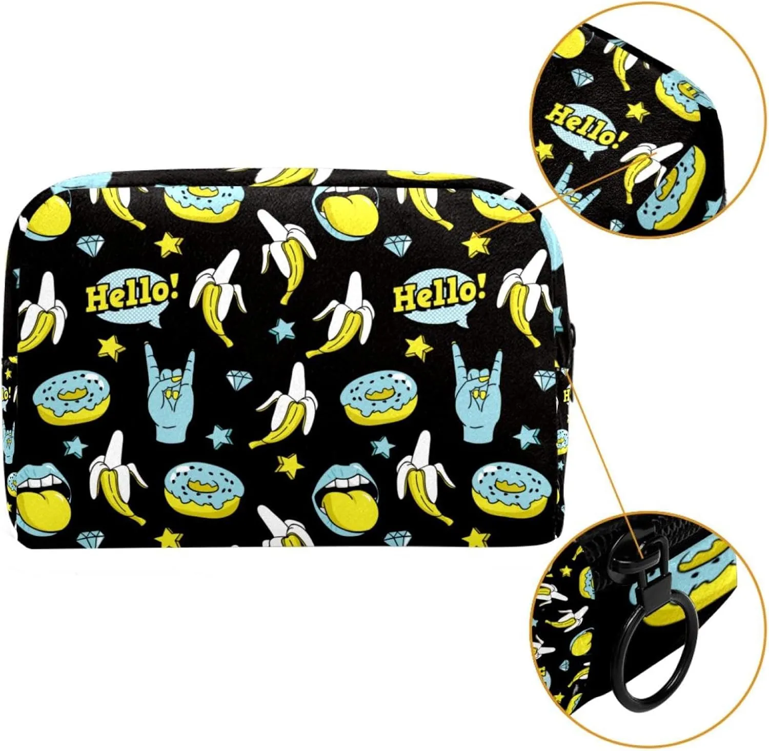 Doodle Funny Donuts Banana Rock Stars Pattern Cosmetic Makeup Bags, Small Travel Zipper Pouch Portable Toiletry Bag Makeup Organizer for Women Teen Girls
