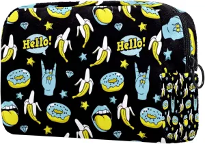 Doodle Funny Donuts Banana Rock Stars Pattern Cosmetic Makeup Bags, Small Travel Zipper Pouch Portable Toiletry Bag Makeup Organizer for Women Teen Girls
