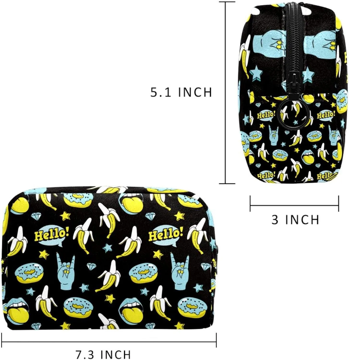 Doodle Funny Donuts Banana Rock Stars Pattern Cosmetic Makeup Bags, Small Travel Zipper Pouch Portable Toiletry Bag Makeup Organizer for Women Teen Girls
