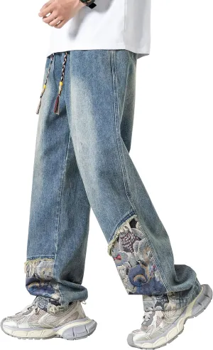 DOSLAVIDA Men's Straight Leg Jeans Relaxed Fit Baggy Jean Hip Hop Loose Fit Carpenter Denim Pants with Drawstring