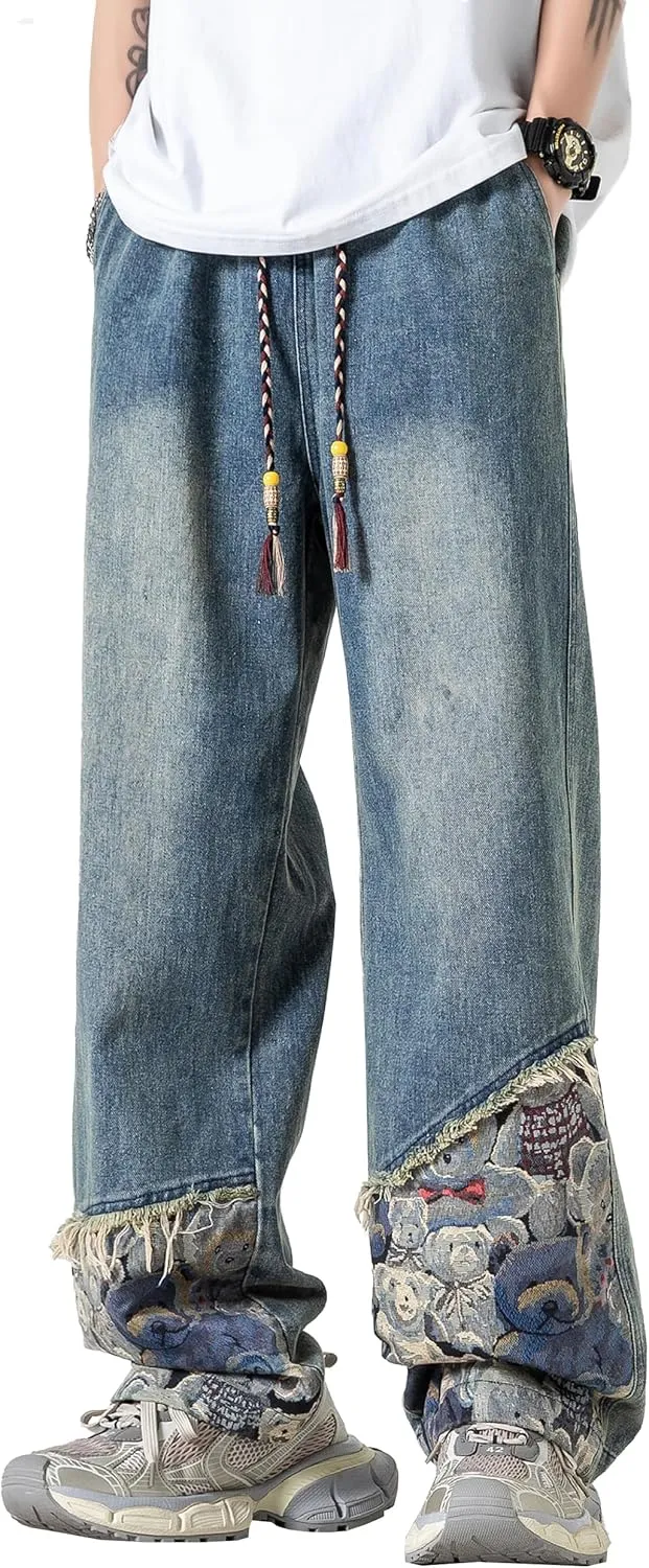 DOSLAVIDA Men's Straight Leg Jeans Relaxed Fit Baggy Jean Hip Hop Loose Fit Carpenter Denim Pants with Drawstring