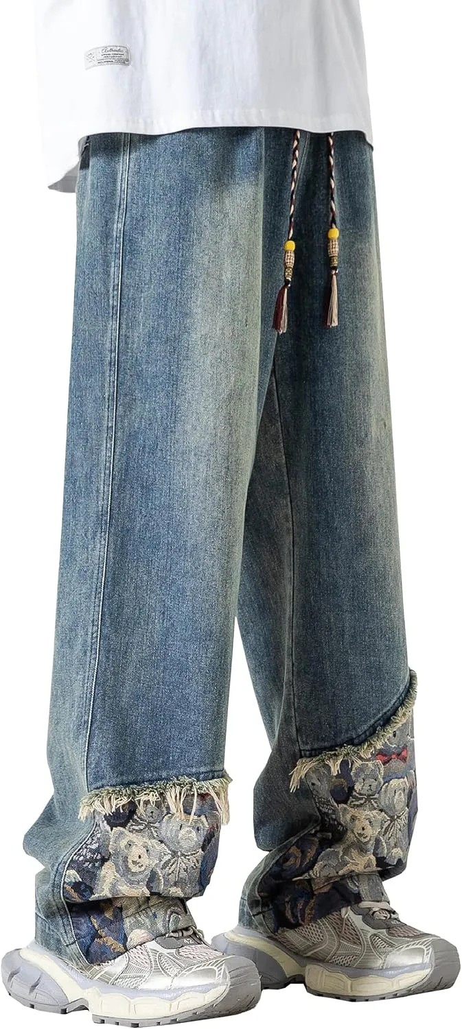 DOSLAVIDA Men's Straight Leg Jeans Relaxed Fit Baggy Jean Hip Hop Loose Fit Carpenter Denim Pants with Drawstring