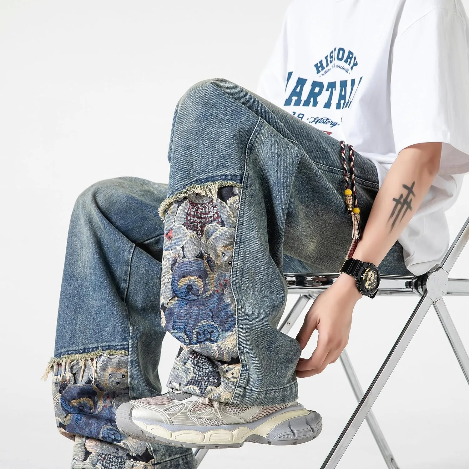 DOSLAVIDA Men's Straight Leg Jeans Relaxed Fit Baggy Jean Hip Hop Loose Fit Carpenter Denim Pants with Drawstring