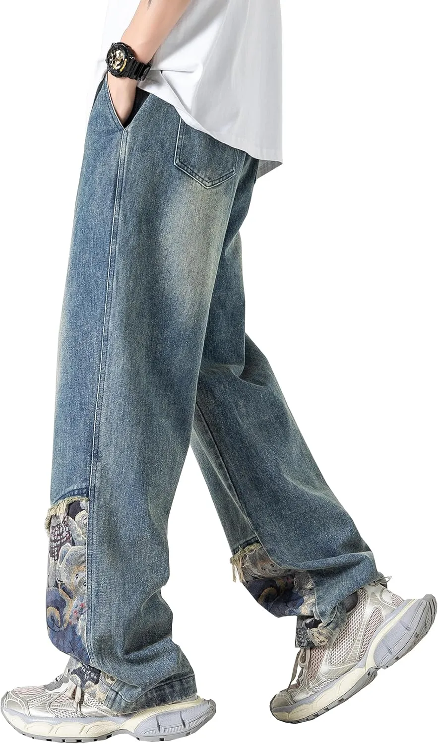 DOSLAVIDA Men's Straight Leg Jeans Relaxed Fit Baggy Jean Hip Hop Loose Fit Carpenter Denim Pants with Drawstring