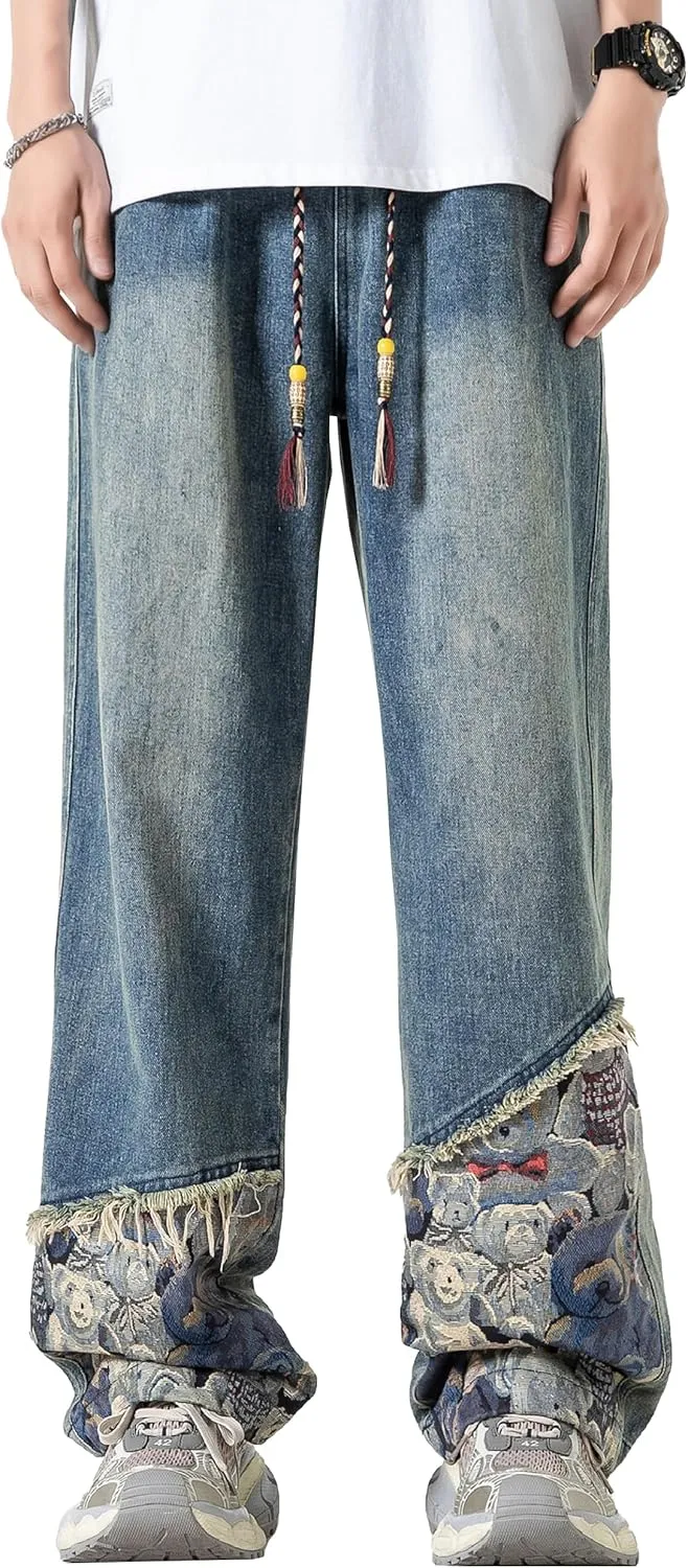 DOSLAVIDA Men's Straight Leg Jeans Relaxed Fit Baggy Jean Hip Hop Loose Fit Carpenter Denim Pants with Drawstring