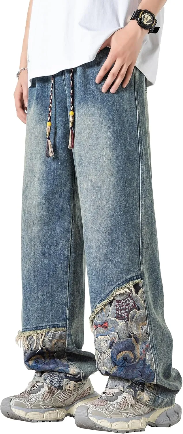 DOSLAVIDA Men's Straight Leg Jeans Relaxed Fit Baggy Jean Hip Hop Loose Fit Carpenter Denim Pants with Drawstring