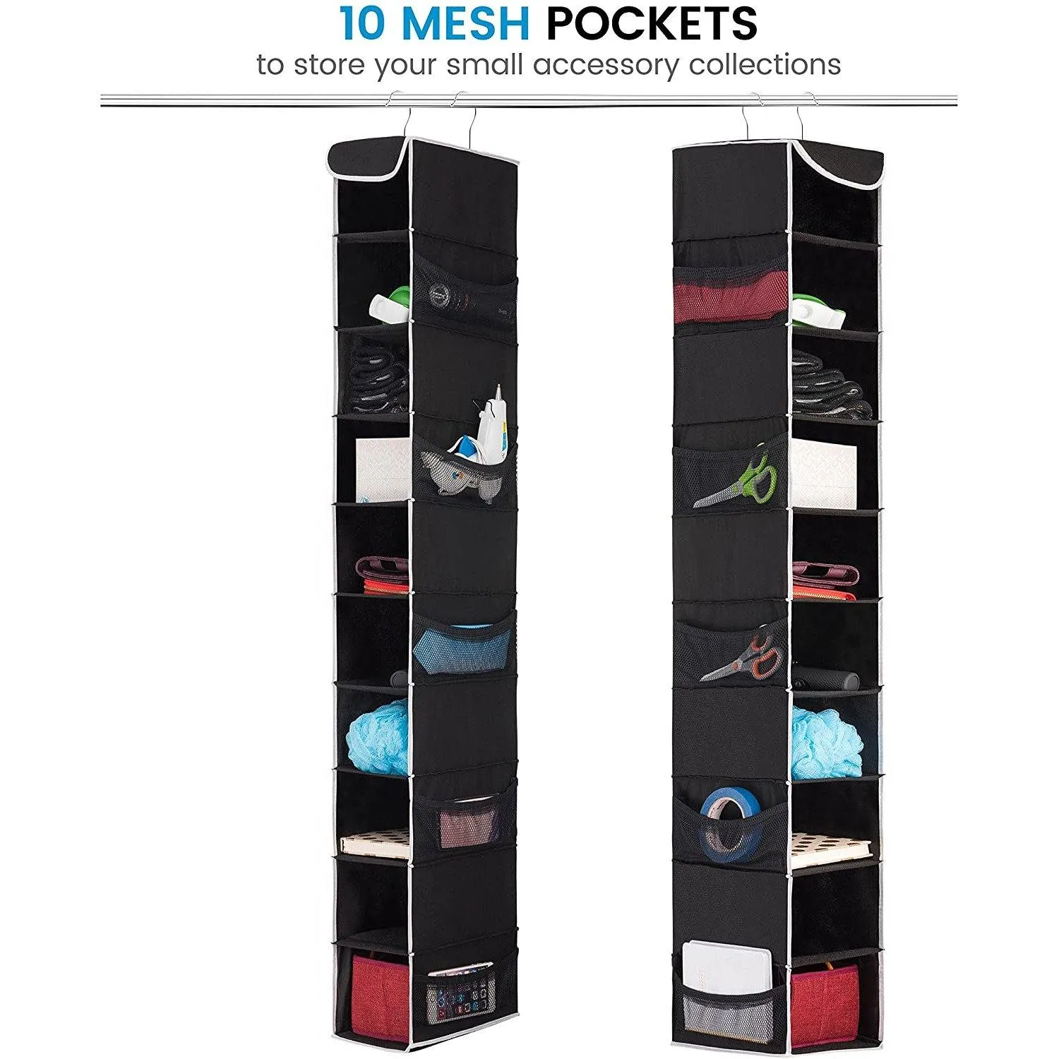 Double R Bags Hanging Shoe Organizer for Closet with Side Mesh Pockets 10 Shelf Pack Of 1 Black
