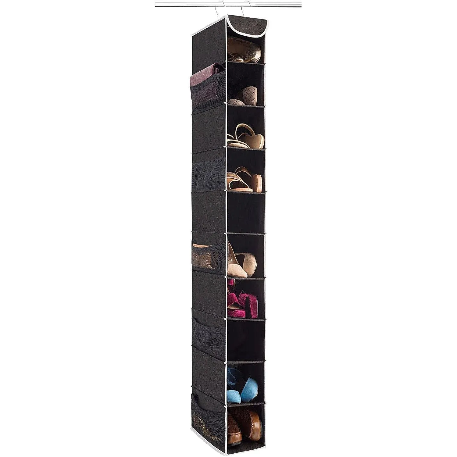 Double R Bags Hanging Shoe Organizer for Closet with Side Mesh Pockets 10 Shelf Pack Of 1 Black