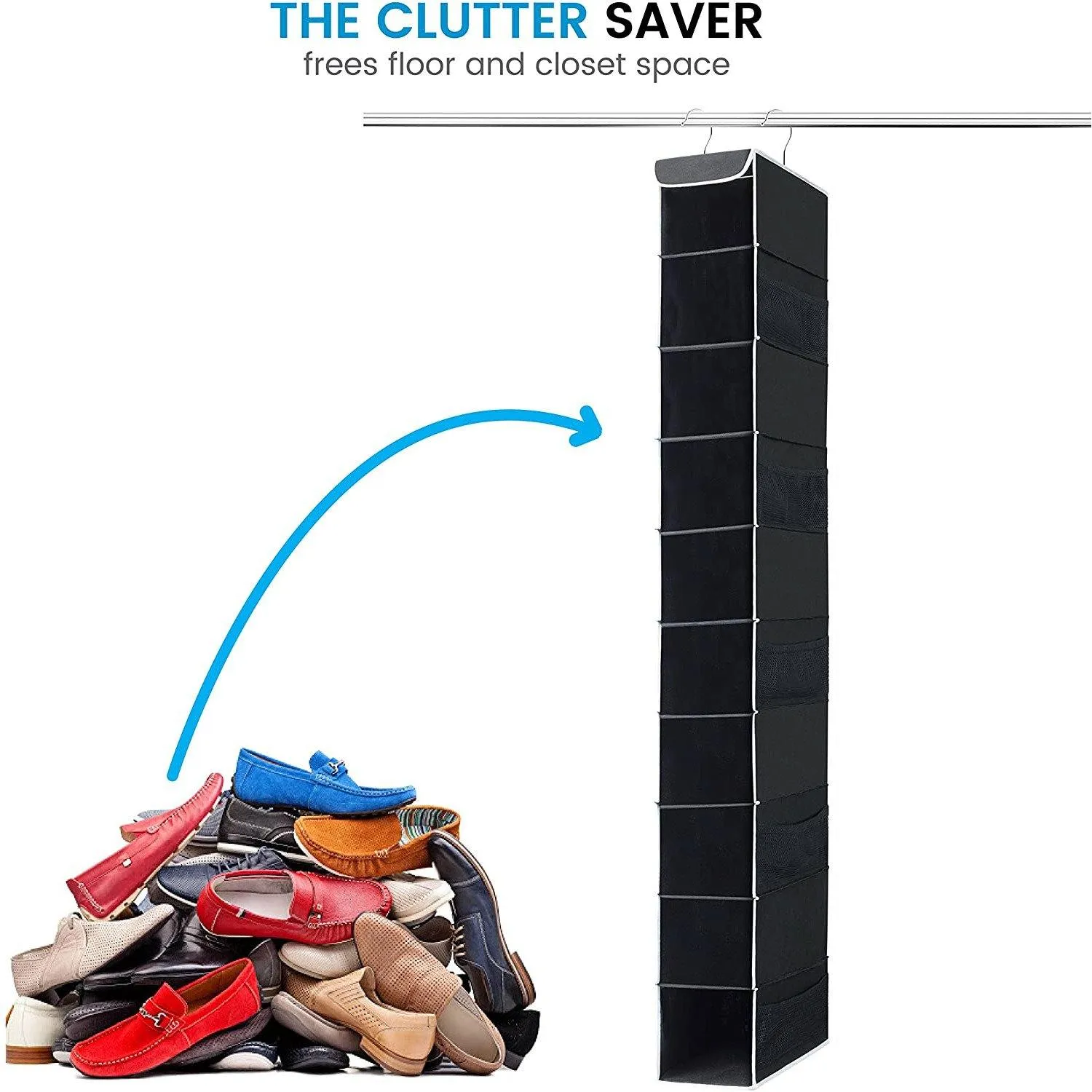 Double R Bags Hanging Shoe Organizer for Closet with Side Mesh Pockets 10 Shelf Pack Of 1 Black