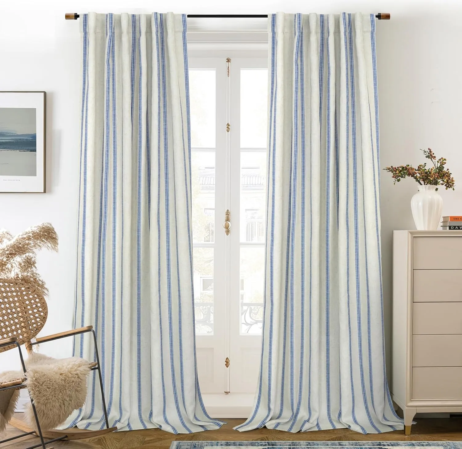DriftAway Farmhouse Linen Blend Blackout Curtains 84 Inches Long for Bedroom Vertical Striped Printed Linen Curtains Thermal Insulated Lined Treatments for Living Room 2 Panels W52 x L84 Linen Navy