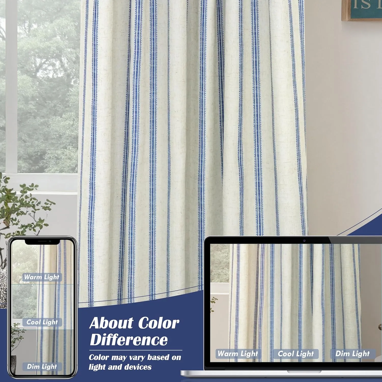 DriftAway Farmhouse Linen Blend Blackout Curtains 84 Inches Long for Bedroom Vertical Striped Printed Linen Curtains Thermal Insulated Lined Treatments for Living Room 2 Panels W52 x L84 Linen Navy
