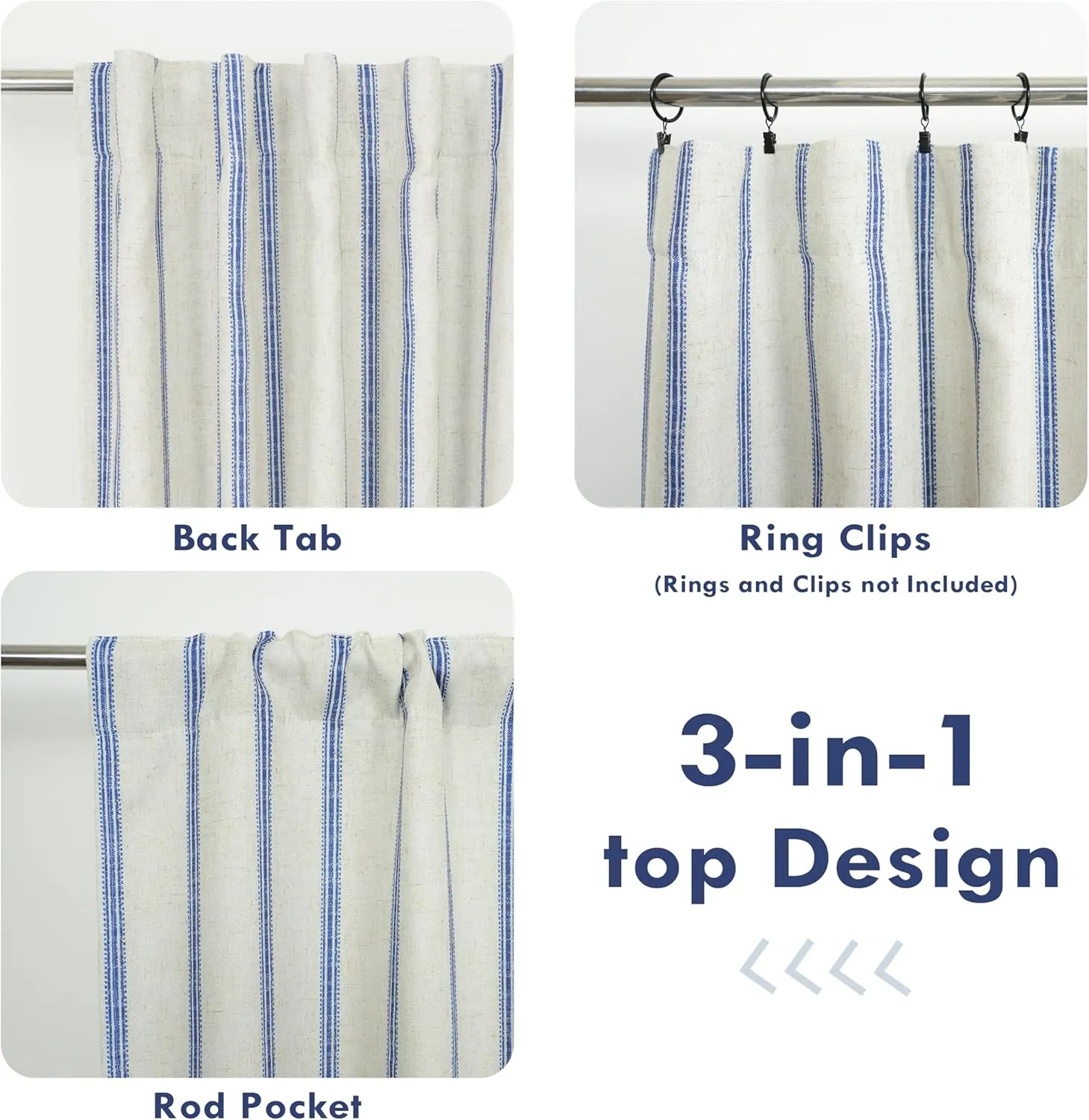 DriftAway Farmhouse Linen Blend Blackout Curtains 84 Inches Long for Bedroom Vertical Striped Printed Linen Curtains Thermal Insulated Lined Treatments for Living Room 2 Panels W52 x L84 Linen Navy