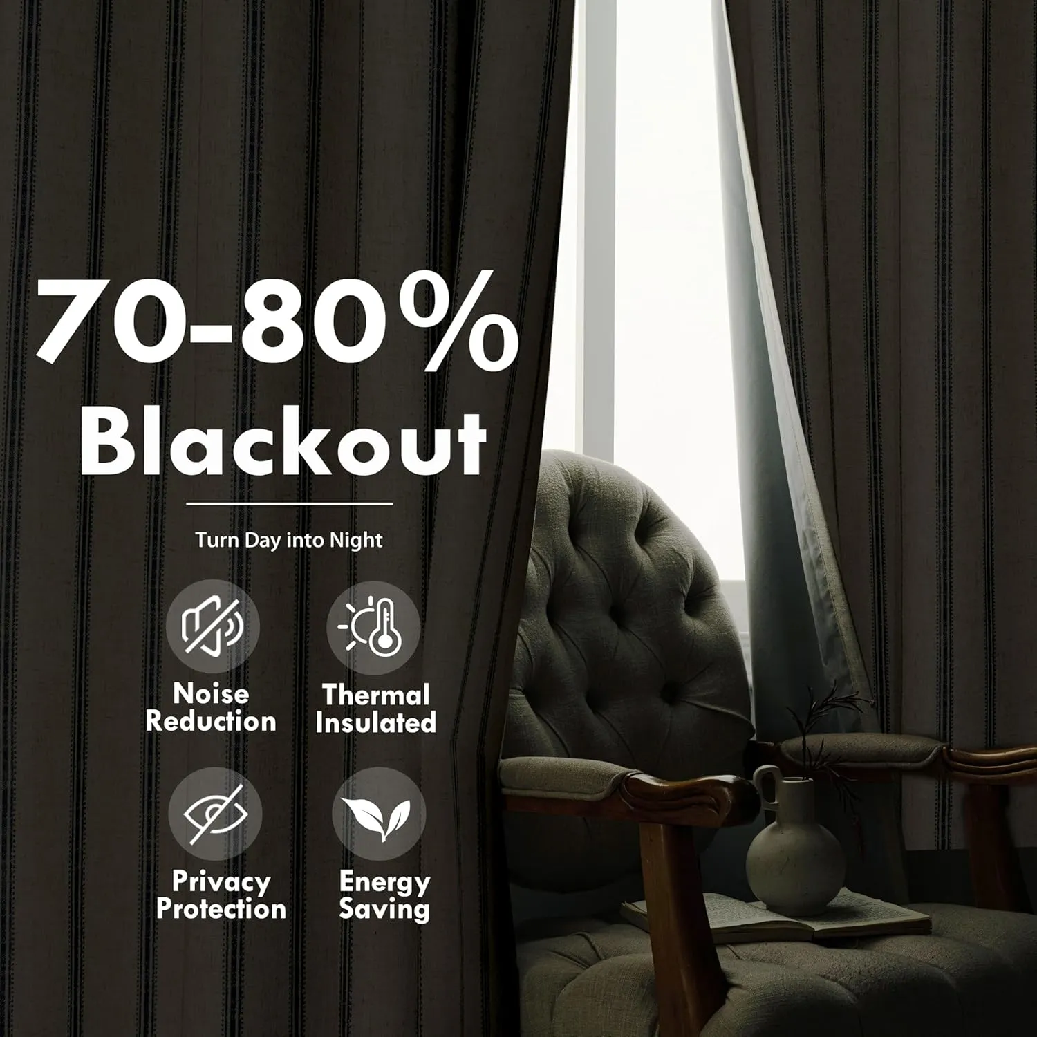 DriftAway Farmhouse Linen Blend Blackout Curtains 84 Inches Long for Bedroom Vertical Striped Printed Linen Curtains Thermal Insulated Lined Treatments for Living Room 2 Panels W52 x L84 Linen Navy