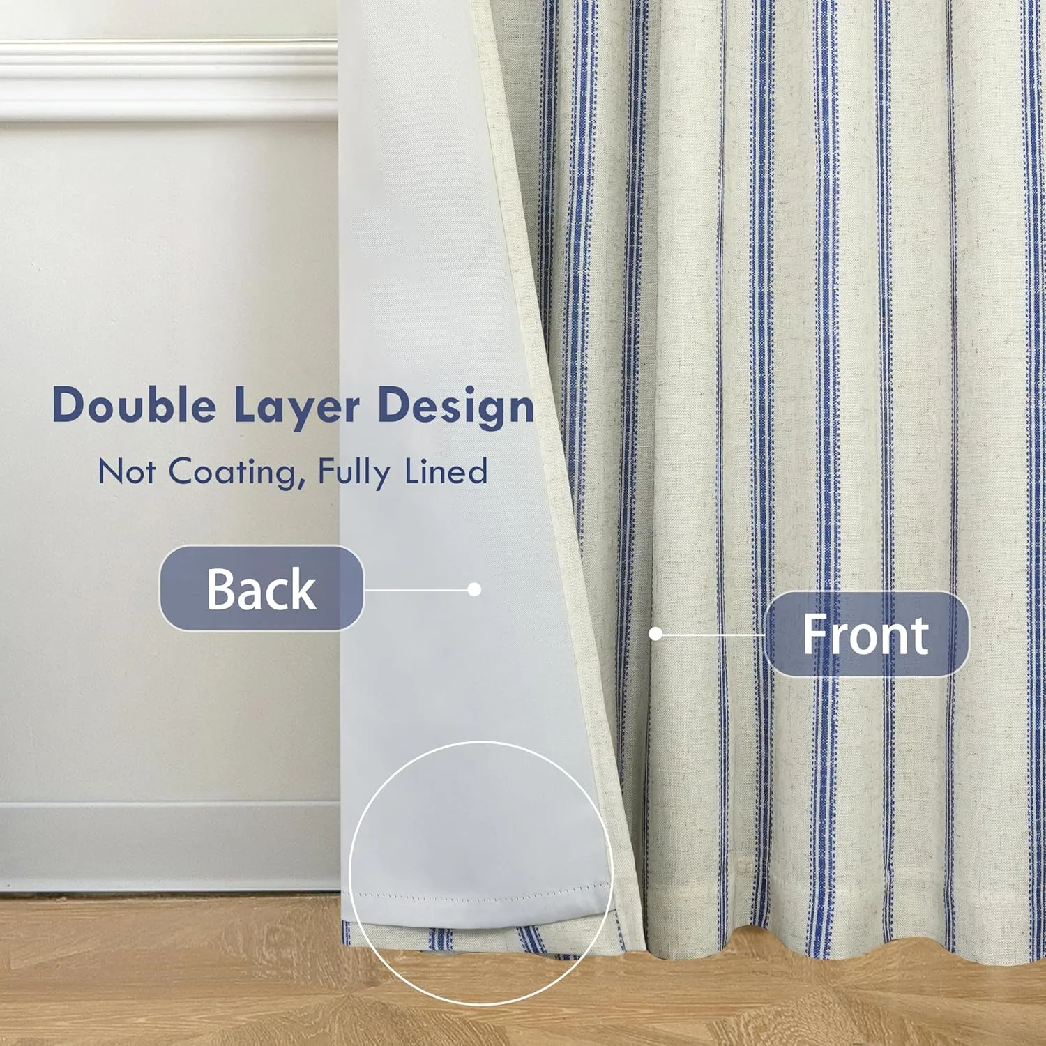 DriftAway Farmhouse Linen Blend Blackout Curtains 84 Inches Long for Bedroom Vertical Striped Printed Linen Curtains Thermal Insulated Lined Treatments for Living Room 2 Panels W52 x L84 Linen Navy