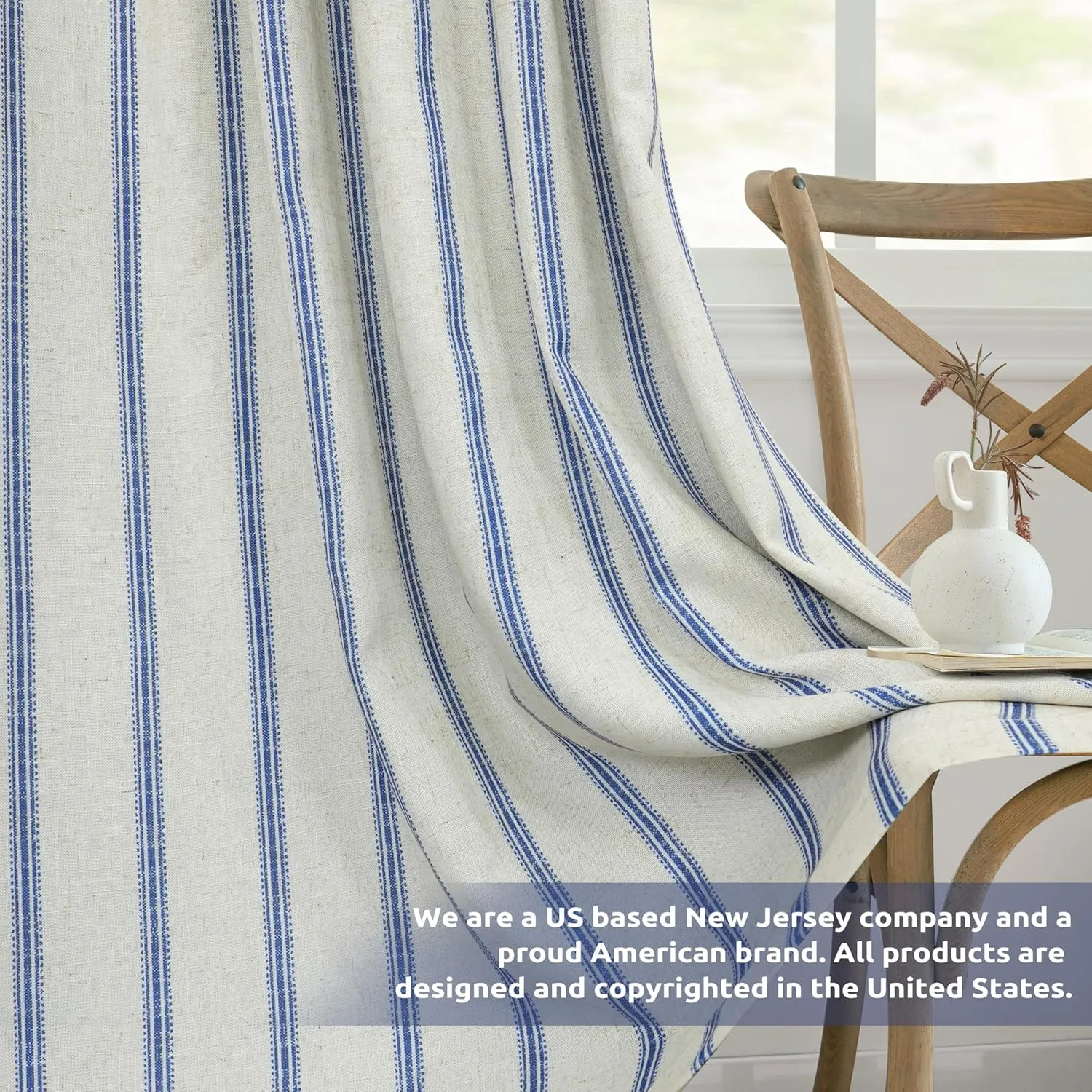DriftAway Farmhouse Linen Blend Blackout Curtains 84 Inches Long for Bedroom Vertical Striped Printed Linen Curtains Thermal Insulated Lined Treatments for Living Room 2 Panels W52 x L84 Linen Navy
