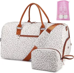 Duffle Bag for Travel, Weekender Bag with Shoe Compartment, Carry On Overnight Bag for Women with Toiletry Bag, Gym Bag with Wet Pocket, Hospital Bags for Labor and Delivery Beige