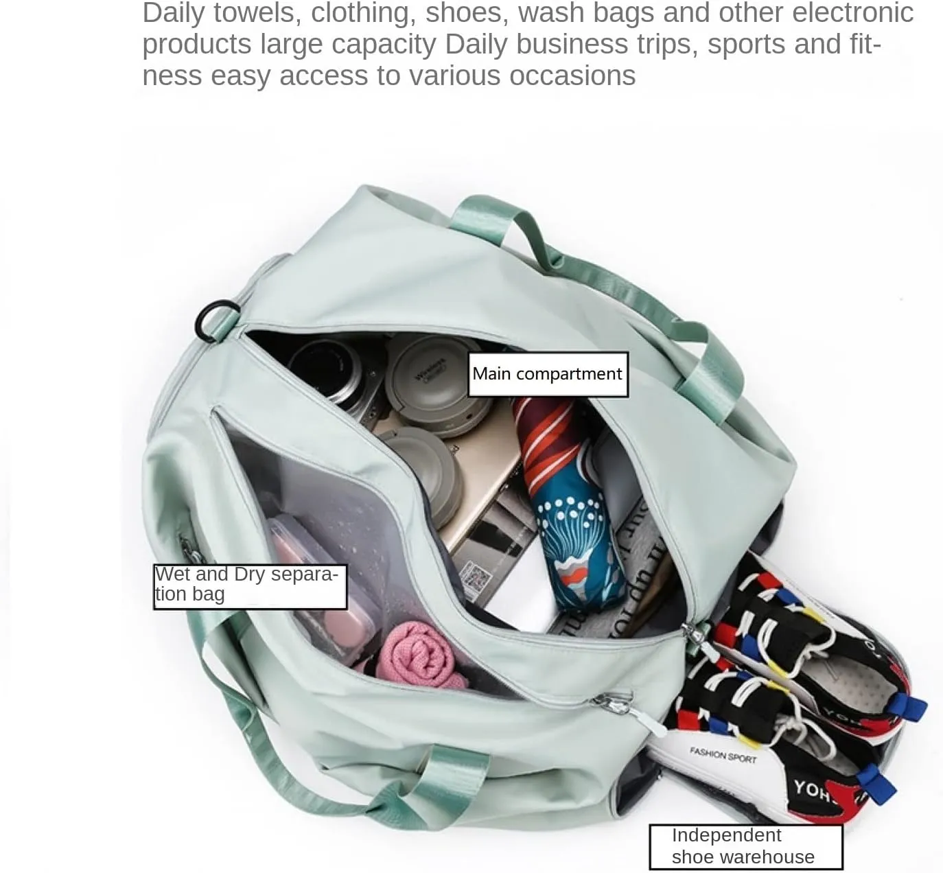 Duffle Bag, Gym Bag for Women, Separate Shoes Compartment Yoga Bag, Wet and Dry Separation Beach Bag (Small, Mint Green)