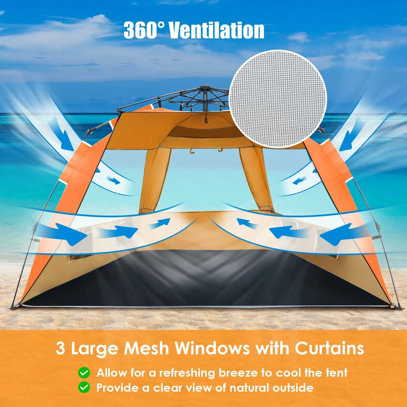 Easy Pop Up Beach Tent UPF 50  Portable Sun Shelter for 3-4 Person-Orange