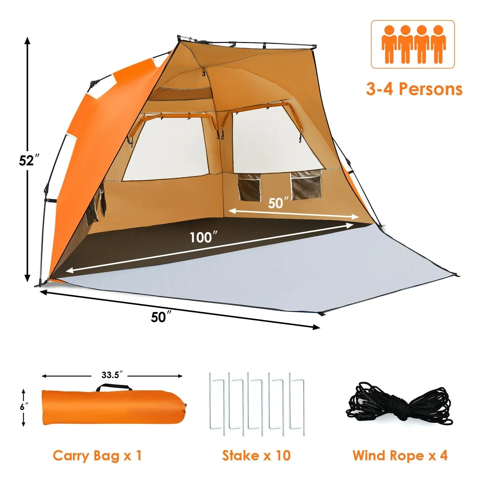 Easy Pop Up Beach Tent UPF 50  Portable Sun Shelter for 3-4 Person-Orange