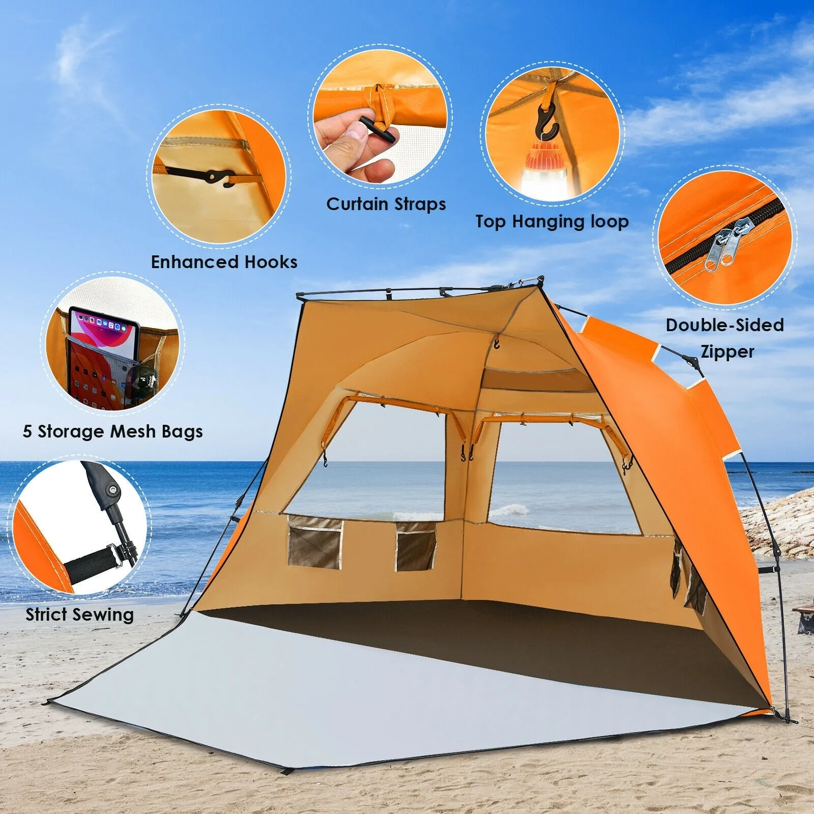 Easy Pop Up Beach Tent UPF 50  Portable Sun Shelter for 3-4 Person-Orange