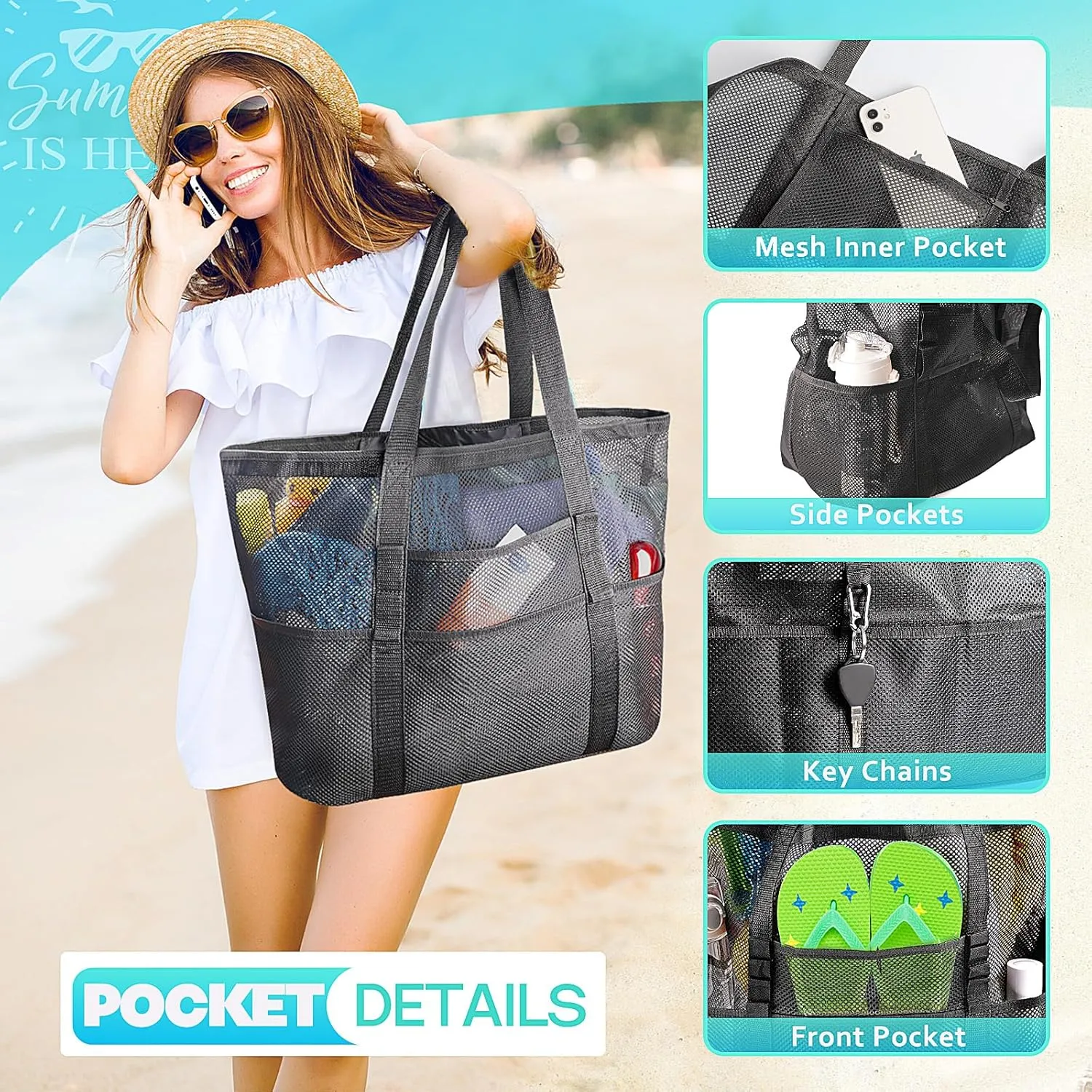 EASYFUN Beach Bag Large Mesh Beach Bag Lightweight Beach Tote with 9 Pockets Foldable Beach Accessories